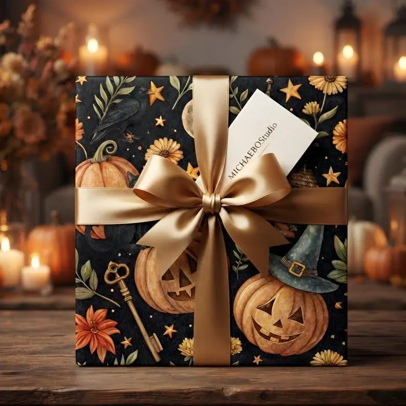 Whimsical Watercolor Halloween Wrapping Paper, Jack-o'-lantern Black Cat Gift Wrap