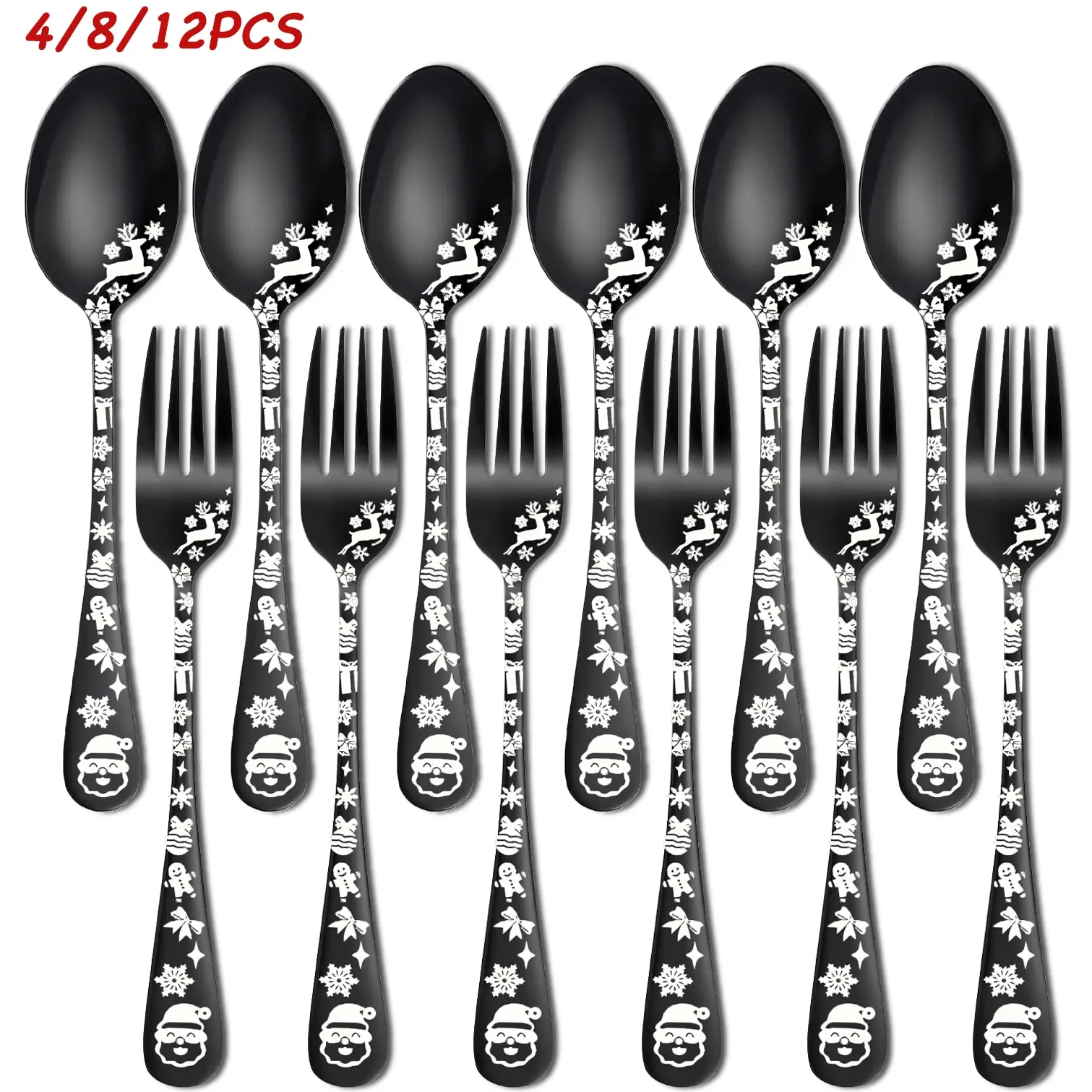 Christmas Theme Dessert Spoon Fork Set, Dinnerware Service Set, Cute Cereal Spoons Salad Forks with Laser Patterns, Stainless Steel Flatware for New Year Gift