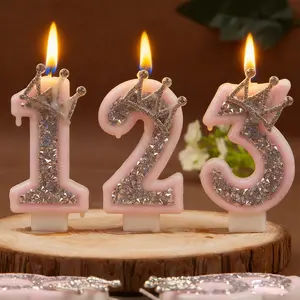 1pcs Number candles 0-9 in pink and silver crown design, creative birthday cake decorations, suitable for birthday cake decoration, parties, weddings, graduation ceremonies, fun party decorations, and party atmosphere supplies, Cake Decorating Supplies