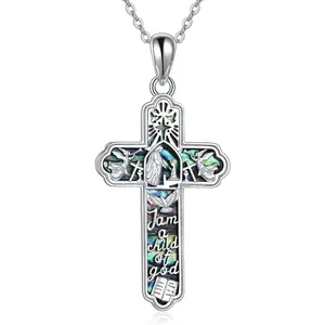 Baptism Cross Necklace Sterling Silver Baptism Cross Pendant Abalone Shell Jewelry Baptism Gift for Women Men