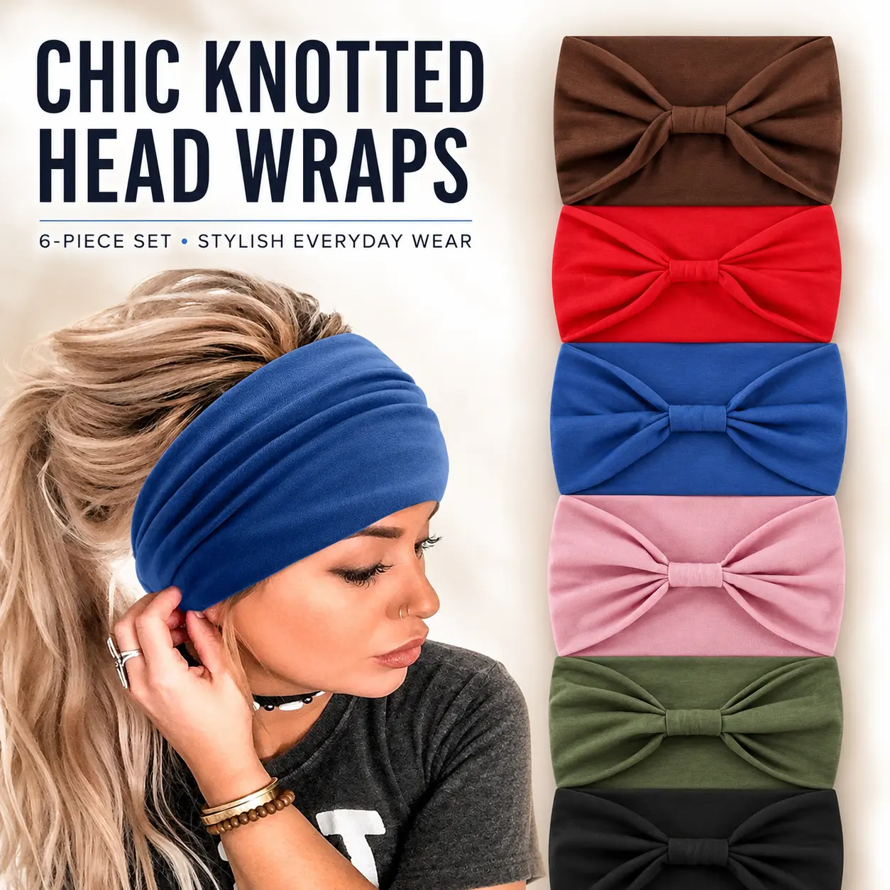 Chic Knotted Head Wraps - 6-Piece Set of Black African Print Headbands for Stylish & Everyday Wear