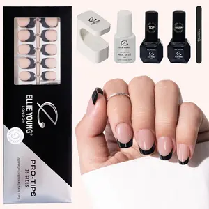 ELLIE YOUNG Pro-Tips Short Square Black French Tips with Nude Base, 150pc Press-On Nails Kit – 15 Sizes, Matte Gel Acrylic Look, Soft Gel DIY Extensions