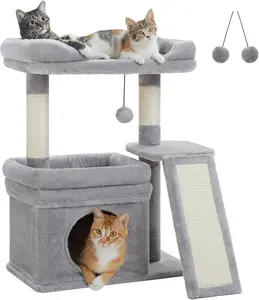Small  Tree Tower for Large Adult Cats with Wide Top Perch, Private  Condo and Sisal  &Pad for Indoor Cats, Gray