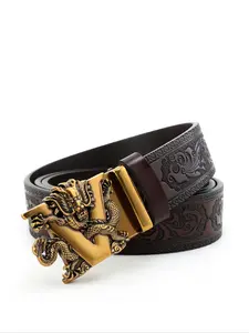 Men's Fashion Random Dragon Pattern PU Leather Belt, Casual Automatic Buckle Belt for Business, Daily Clothing Decor, Trendy Exquisite Belt for Birthday Gift