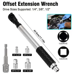 1/2" Offset Extension Wrench Impact Ratchet Extender for Electric Drill with 3 Socket Adapters Chrome-vanadium Steel Heavy-Duty Build