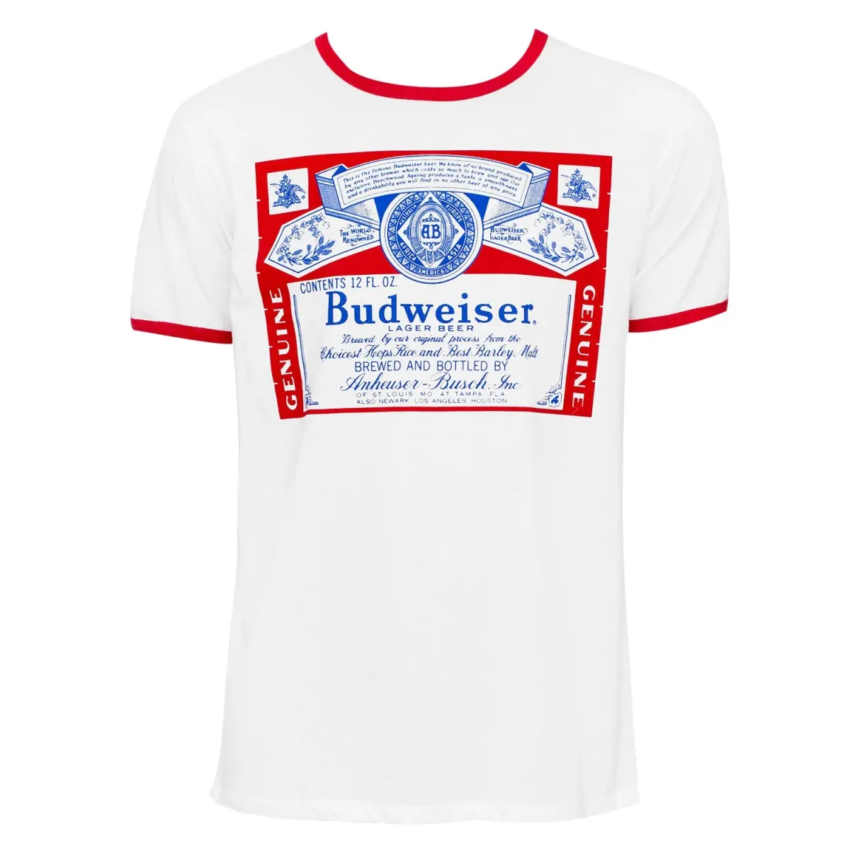 Budweiser Men's Casual Cotton Short-Sleeve Ringer Graphic Tee - Crew Neck, Round Neck, Style 36076, White, X-Large, Tops, Shortsleeve, Menswear, Original, Logo Print, T-Shirt, Extra Large, Red Trim, Cotton Fabric, Casual Wear, Ringer Trim, Basic, None, Al