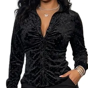 Velvet Blouse for Women - Black Long Sleeve Button Down Top with Sequin Embellishments - Shirts