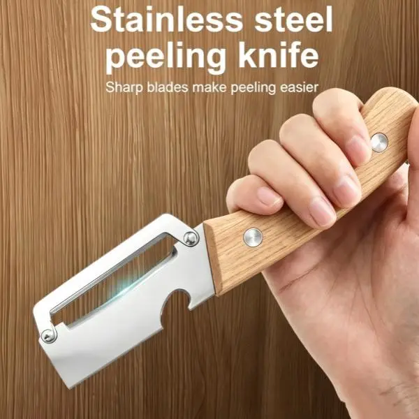 Ultra Sharp Stainless Steel Fruit & Vegetable Peeler - Anti-Slip Curved Ergonomic Wood Handle, Built-In Opener, Robust Kitchen Gadget for Meal Prep & Salad Making