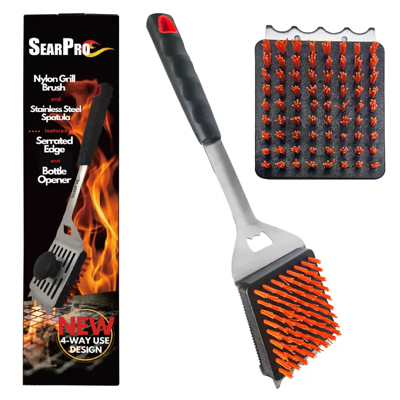 SearPro 4-in1 Grill Brush Spatula BBQ Cleaner Scraper Barbecue Tool Accessories Kit Heat Resistant Nylon Bristle Spatula Outdoor Smoker Black Stone Grate Cast Iron Spatula Non-Wire Brush Combo