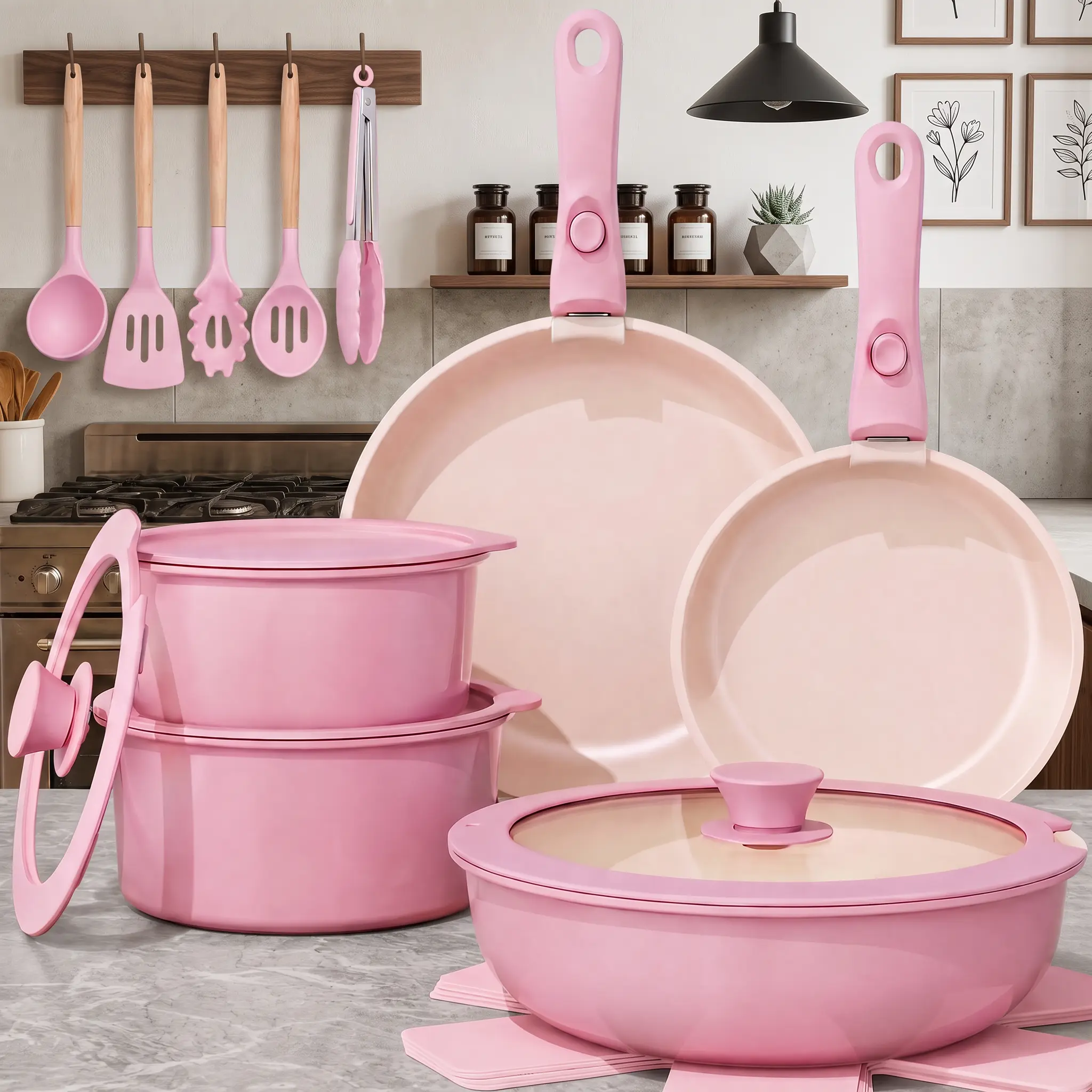 [Official] TAKSAT 19/21-Piece Ceramic Non-Stick Pots and Pans Set, Induction & Dishwasher Safe, Non-Toxic with Removable Handles, Clover Pot Trivets, Frying Pan, Silicone Accessories, Includes Lids, Varied Capacities for Everyday Cooking,familyfun