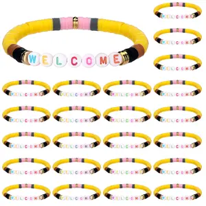 24Pcs Back to School Bracelets Bulk Inspitational Bracelet Gifts for Pre-K Kindergarten Elementary High School Students Classmates Friends First Day of School Motivational Clay Beaded Bracelets Charm Jewelry for Classroom Reward Party Goodie Bag Stuffers