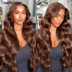 34 Inch Body Wave #4 Colored Chocolate Brown Lace Frontal Wig 13x4 Transparent 360 Full Lace Human Hair Preplucked Swiss Lace color water
