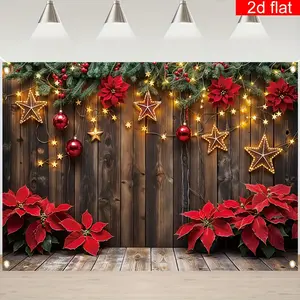 1PC 2D Flat Festive Backdrop Banner, Vintage Wooden Wall with Wreath, Star String Lights, Red Poinsettias, Balls, Reusable Polyester Home & Party Decoration for Celebration, Birthday, Christmas Photography