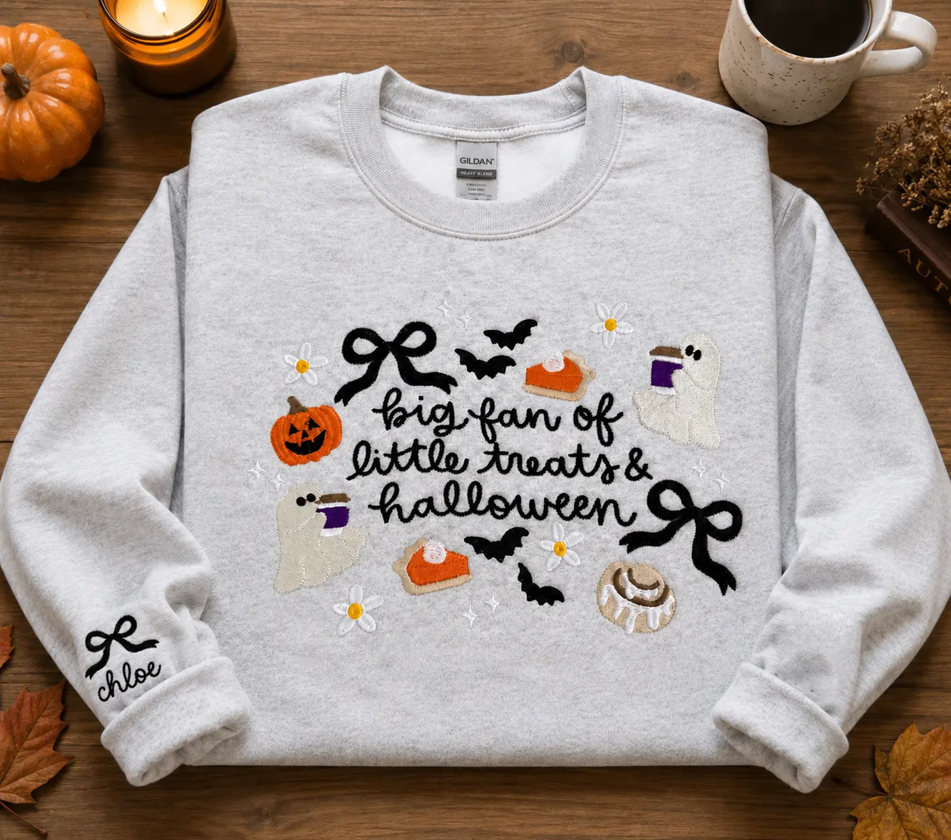 Women's Round Neck Long Sleeve Cotton-Recycle Polyester Pullover, Embroidered Halloween "Little Treats" Ghost-Pumpkin Pie Sweatshirt, Plus Size Fitted Basic Holiday Fall Top