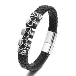 Leather Triple Skull Stainless Steel Bracelet