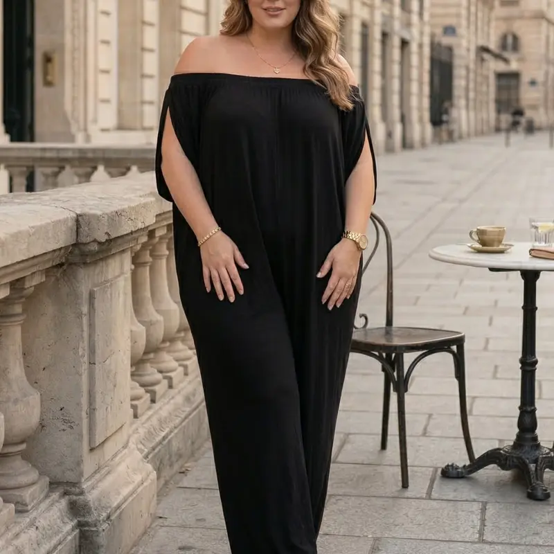Elengatine Women's Plus Size Off-Shoulder Wide Leg Overalls - Minimalist Jumpsuits for Women, Comfortable Casual Outfit, Chic Polyester Romper with Pockets, Lightweight Stretchy Fabric, 3XL Cold Wash Curvy Ladies Summer Vacation Wear