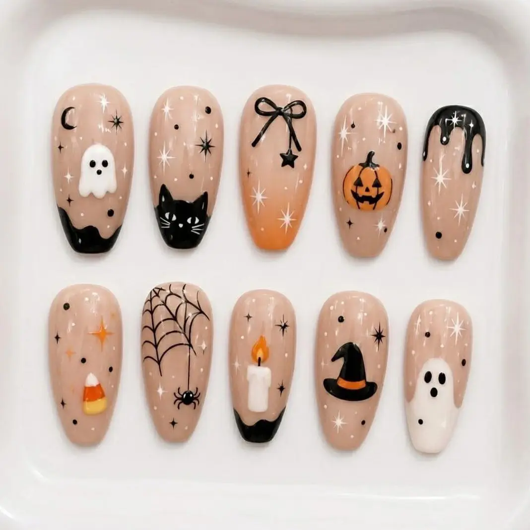 Handmade Cute Halloween Press On Nails / Ghost Pumpkin Black Cat Nails / Minimal Spooky Nails / Custom Fake Nails