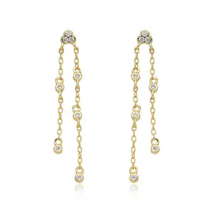 Three CZ Long Chain Earrings with Delicate Chain Links and Sparkling CZ Stones for Everyday Elegance