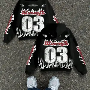 Men's Y2K Hoodie with Flame Print for Casual Autumn/Winter Style - Sweatshirts, Menswear Long Sleeve Pullover Tops