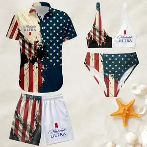 Matching Couple Swimwear, Michelob ULTRA Patriotic American Flag Distressed Splatter Design Bikini Top Bottom & Hawaiian Shirt Shorts Set, Perfect Gift for Him and Her