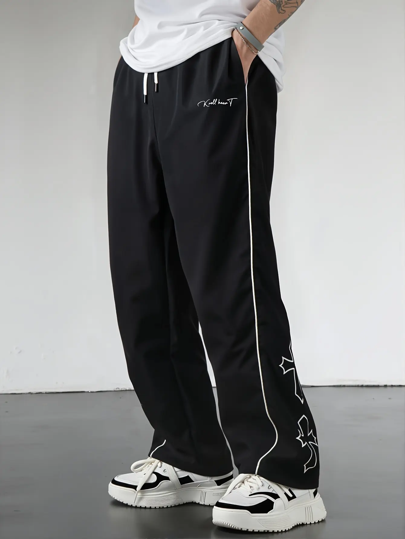 Gamis Bestie Men's Black Athletic Pants with White Side Stripes & Embroidery Design Casual Gym Wear Sweatpants Tracksuit Sports Bottoms Athleisure Style Tracksuit Outfit Sweatpants Set Drawstring Straight Leg Workout Clothes,father'sdaygifts