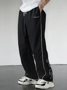 Gamis Bestie Men's Black Athletic Pants with White Side Stripes & Embroidery Design Casual Gym Wear Sweatpants Tracksuit Sports Bottoms Athleisure Style Tracksuit Outfit Sweatpants Set Drawstring Straight Leg Workout Clothes