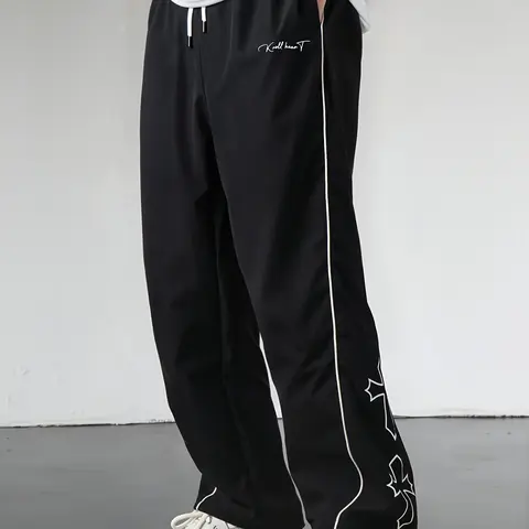 Gamis Bestie Men's Black Polyester Woven Athletic Striped Track Pants - Workout Clothes, Male Clothing, Gym Fits, Fitted Cut, White Sporty Stripe, Embroidered Flair, Drawstring Straight Leg, All Seasons for Casual, Gym Use,sohochic