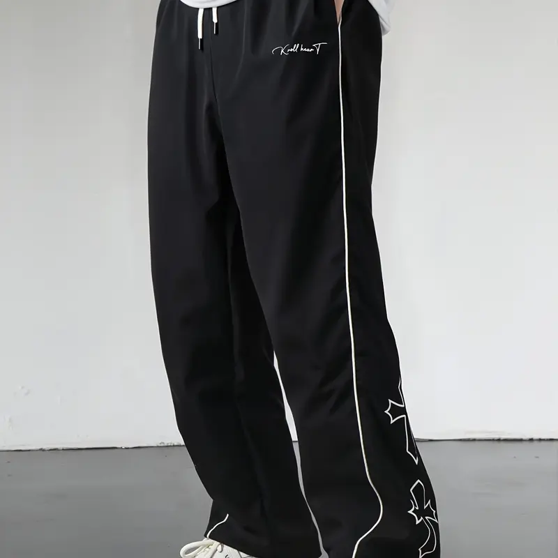 Gamis Bestie Men's Black Polyester Woven Athletic Striped Track Pants - Workout Clothes, Male Clothing, Gym Fits, Fitted Cut, White Sporty Stripe, Embroidered Flair, Drawstring Straight Leg, All Seasons for Casual, Gym Use,sohochic