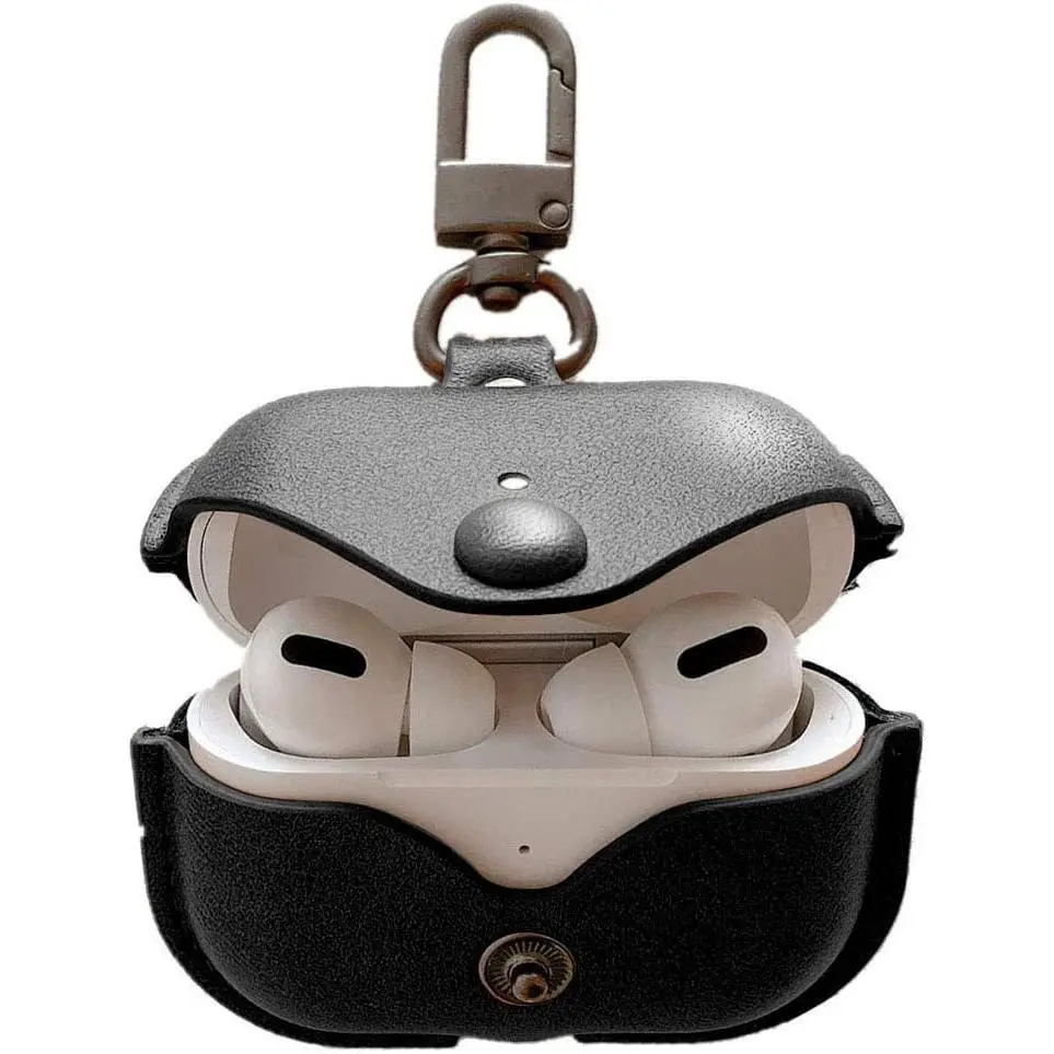 Genuine Leather Case Compatible with AirPods Pro Case 2nd/1st Gen , Protective Cover for Apple AirPods Pro 2/Pro Wireless Charging Case with Keychain and Snap Lock Black