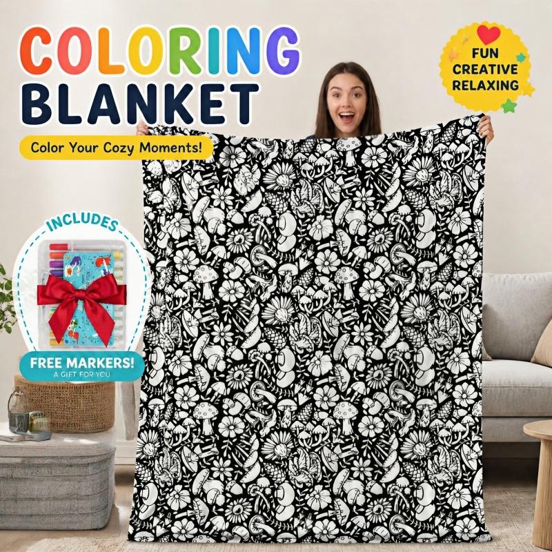 Color-Your-Own Blanket for Kids & Adults – DIY Interactive Fuzzy Velvet Throw with 24 Acrylic Markers – Creative Art Blanket for Family Fun & Travel，Mother's Day gift