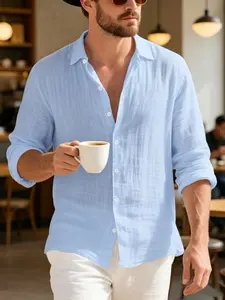 Spring Summer Men's Linen Hawaiian Style Loose Fit Long Sleeve Button Front Shirt, Casual American Fashion, Comfortable and Stylish