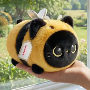 Cute Black Cat Bee Plush Pillow, Kawaii Plushies Bee Stuffed Toy, Kitten Plushies with Honeybee Outfit Costume, Soft Squishy Bee Gift for Girls & Kids (8 Inch)