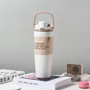 30oz Large Capacity Stainless Steel Vacuum Insulated Water Bottle with Straw, One-Click Pop-up Lid Direct Drinking Thermos with Handle, Ideal for Summer Cold Drinks, Coffee & Beverages. Perfect for Office, Home, School, Beach, Camping and Hiking