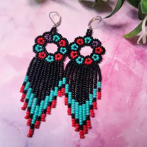 Beaded  Flowered Earrings with Vibrant Colors and Intricate Design - Elegant Nature-Inspired Jewelry for Casual and Formal Occasions