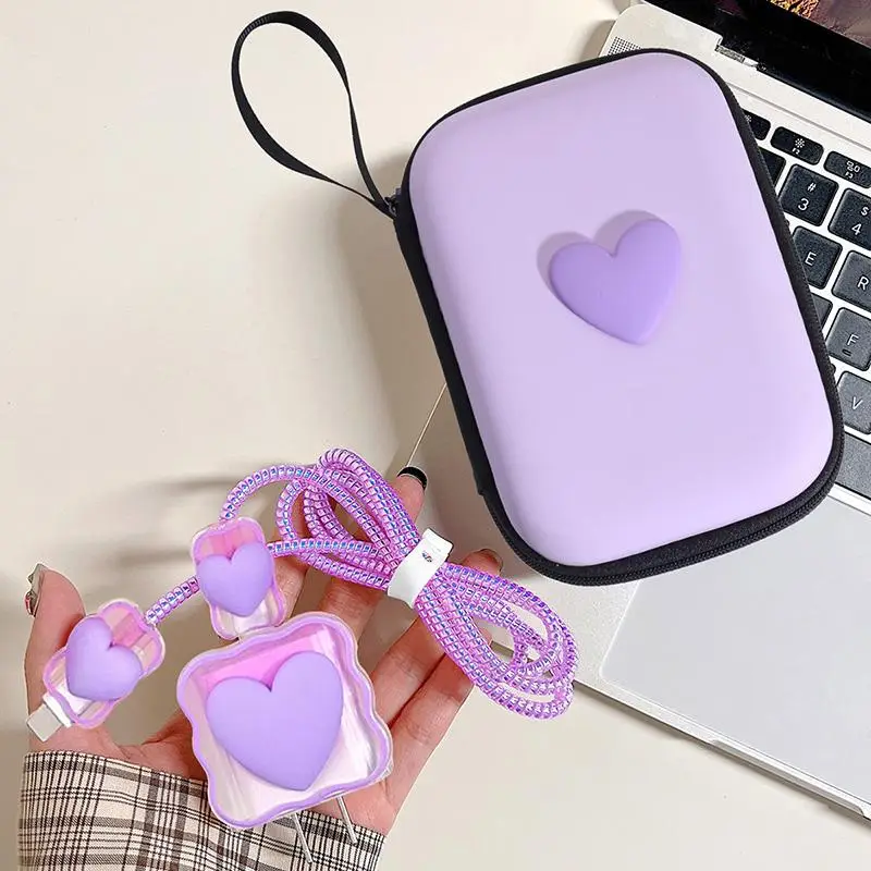 Heart Design Data Cable Storage Bag & Cable Winder & TPU Charger Head Cover Set, Anti-breaking Charger Protective Cover for Apple 20W Fast Charger