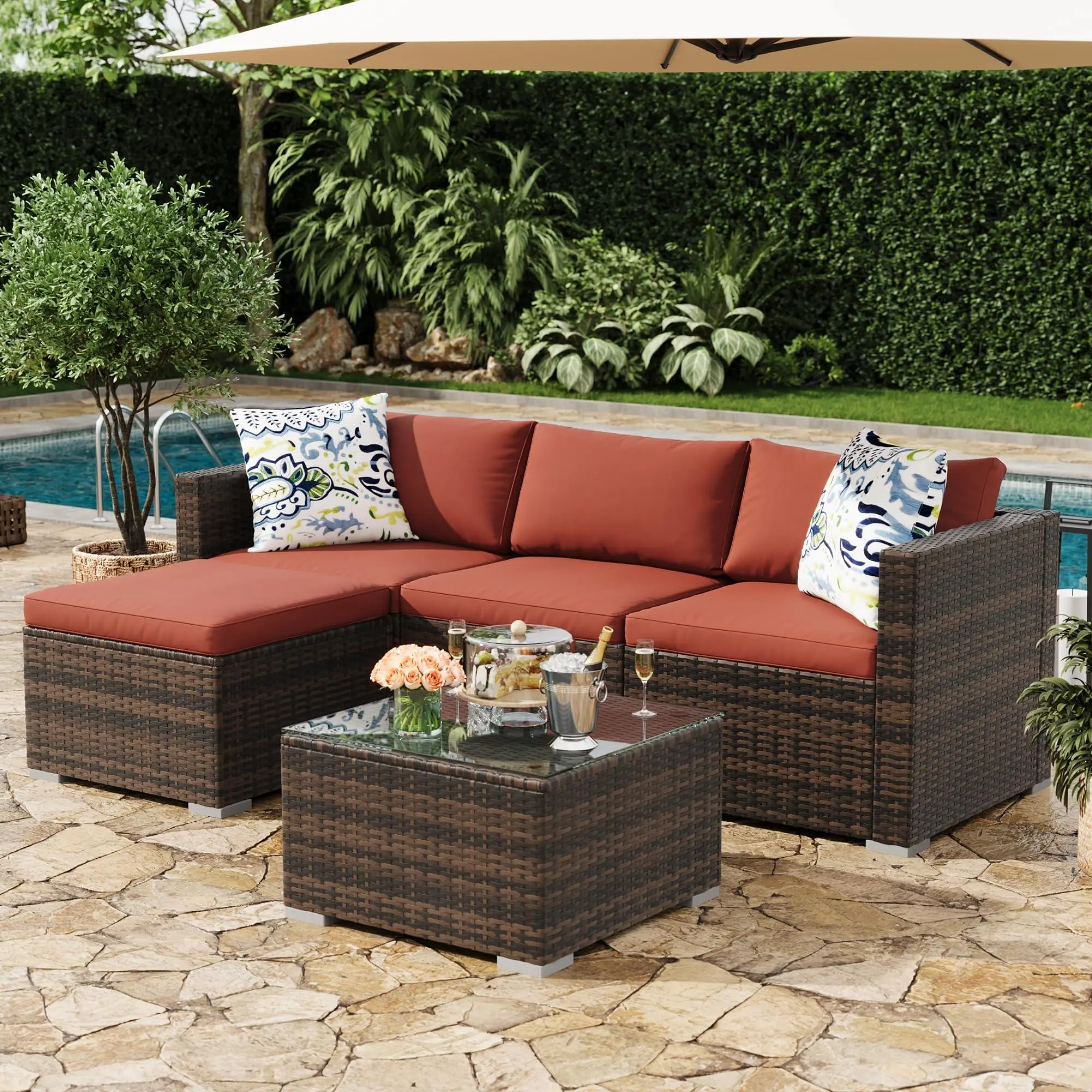 GAOMON 5-Piece Heavy-Duty Ergonomic Outdoor Patio Sectional Chaise Lounge Set, All-Weather PE Rattan Anti-Rust Coated Furniture with Ottoman, Tempered Glass Table, Tool-Free Convertible Seats for Backyard Oasis (Brown/Wine Red)
