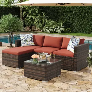 5-Piece Outdoor Sectional Sofa Set, All-Weather PE Rattan Patio Furniture with Ottoman & Tempered Glass Table, Convertible Garden Couch for Backyard, Porch, Poolside (Brown/Wine Red)