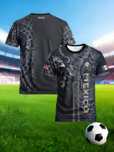 Men's Mexican folkwear outfit, featuring Mayan totems and eagle-scaled snake pattern, plus sports jersey T-shirt. Essential for Mexican fans. Athletic sports clothing