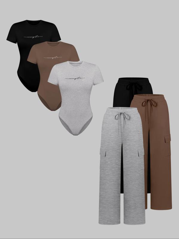 Women's Knit Letter Print Two-Piece Set, Casual Fitted Short Sleeve Jumpsuit & Long Pants, All Seasons Fashion