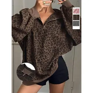 Plus Size Women's Casual Zipper Front Long Sleeve Leopard Print Sweatshirt, Fall Fashion, Comfortable and Stylish Sportswear??gift??