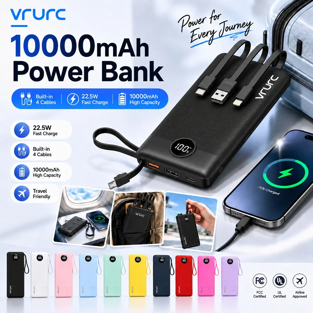 VRURC Portable Charger 10000mAh with 4 Built-in Cables, 22.5W Fast Charging Power Bank with LED Display, Slim Travel Battery Pack for iPhone Samsung Android Devices