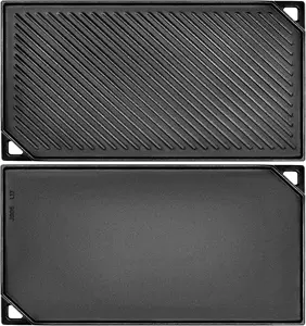 Reversible Cast Iron Griddle, Double-sided Griddle Pan for Stove Tops, Gas Grills and Outdoor Cooking, 16.5 x 9.5 Baking Flat and Ribbed Griddle Plate