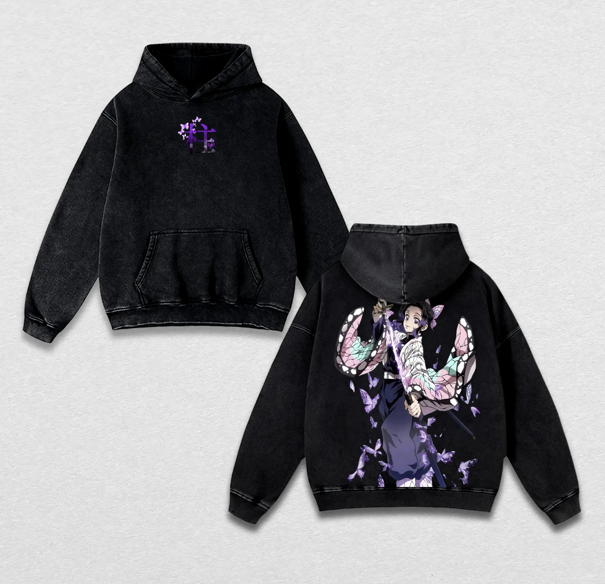 Demon Slayer Shinobu Kocho Washed Hoodie & T-Shirt – Insect Hashira Vintage Oversized Anime Pullover & Tee, Double-Sided Manga Graphic Streetwear, Heavyweight Cotton Unisex Apparel in Natural Shade