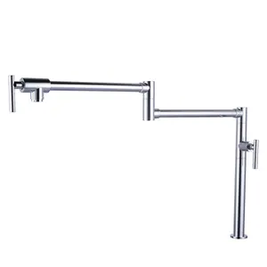 WOWOW Solid Brass Deck-Mount Pot Filler Faucet - Polished Chrome, Cold Water, 360° Rot., Stretchable Double-Joint Swing Arm, Splash-Free, Easy Installation, Includes Parts