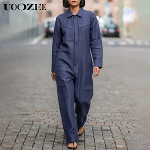 UOOZEE Women's 2025 New Polyester Collared Casual Overalls - Long Sleeves, Lapel Collar, Utility Pockets, Zippered, Non-Stretch, Basic Fit, Minimalist, Breathable, Comfortable Spring Fashion Autumn Streetwear Jumpsuit