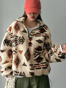 Women's Geometric Print Fuzzy Drop Shoulder Half Zip Up Sweatshirt, Boho Casual Long Sleeve Pocket Pullover for Fall & Winter, Women's Clothes for Daily Wear