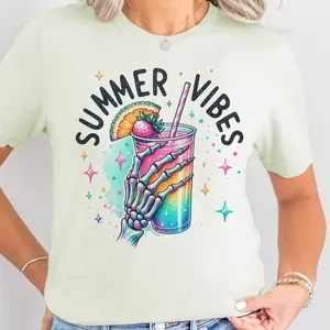 Summer Vibes Skeleton Drink Graphic Tee Skull Summer Vacation Tshirt Casual Lightweight Pool T-shirts
