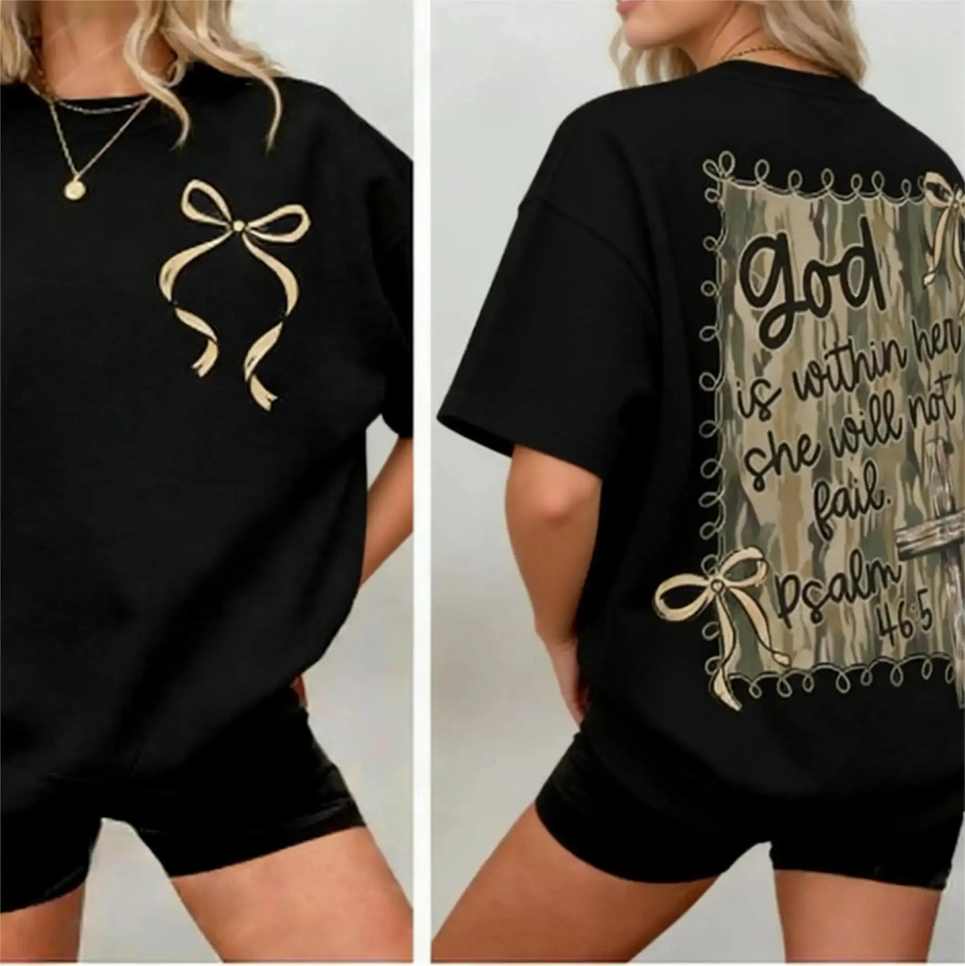 Women's Coquette T-Shirt, Casual Poly-Cotton Blend Top with 2-Sided Psalm 46:5 Camo Bow Graphic, Religious Valentine's Day Gift, Everyday, Bible Verse