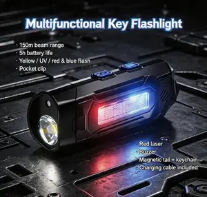 Mini Keychain Flashlight – 150m beam, 5h runtime, UV light for money/antique test, red laser, buzzer, magnetic tail & pocket clip, charging cable included