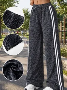 Leopard Print Wide Leg Sweatpants Womens High Waist Elastic Loose Fit Athletic Track Pants Side Stripe Casual Streetwear Y2K Gym Workout Lounge Comfy Long Trousers Athleisure Style Pants Casual Sport Trousers